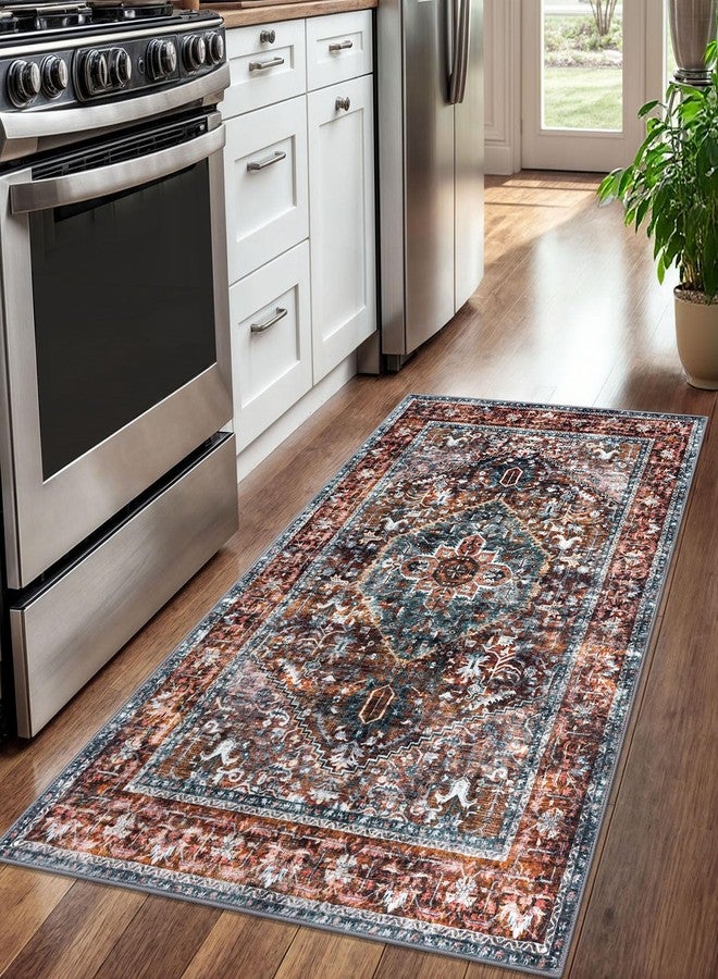 KOZYFLY Boho Area Rug 3x5 Ft Rugs for Entryway Washable Entry Rug Non Slip Door Mat Indoor Printed Faux Wool Vintage Kitchen Rug Throw Rugs for Entrance Kitchen Living Room, Brick Red/Orange/Green - Image 3