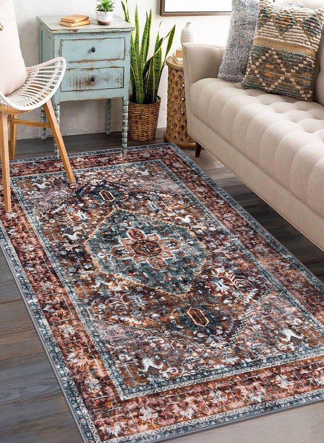 KOZYFLY Boho Area Rug 3x5 Ft Rugs for Entryway Washable Entry Rug Non Slip Door Mat Indoor Printed Faux Wool Vintage Kitchen Rug Throw Rugs for Entrance Kitchen Living Room, Brick Red/Orange/Green - Image 2