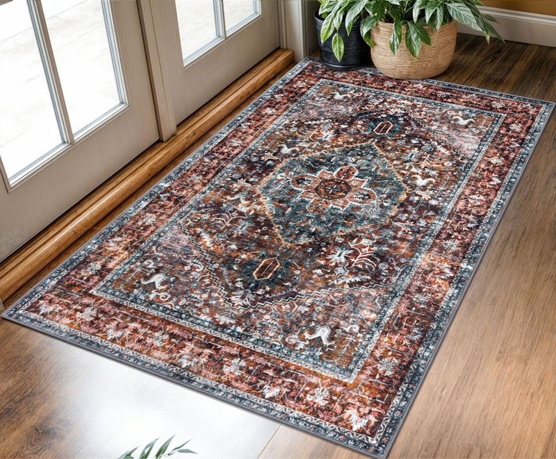 KOZYFLY Boho Area Rug 3x5 Ft Rugs for Entryway Washable Entry Rug Non Slip Door Mat Indoor Printed Faux Wool Vintage Kitchen Rug Throw Rugs for Entrance Kitchen Living Room, Brick Red/Orange/Green - Image 1