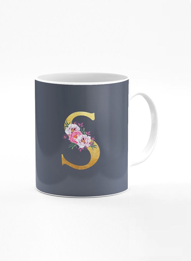 Stylizedd Designer Printed Coffee Mug 11oz Ceramic Personalised Gift Mugs Cup -Custom Monogram Initial Letter Floral Pattern Alphabet - S (Bright Grey) - Image 1