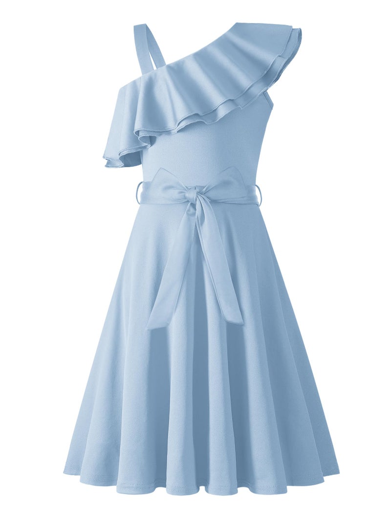 Arshiner Tween Girls Summer Dress Cute One Shoulder A Line Casual Blue Easter Pageant Dresses 10-11 Years - Image 1