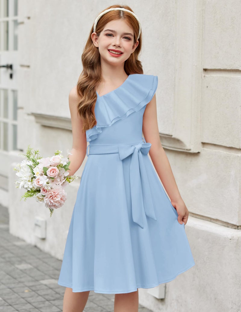 Arshiner Tween Girls Summer Dress Cute One Shoulder A Line Casual Blue Easter Pageant Dresses 10-11 Years - Image 2