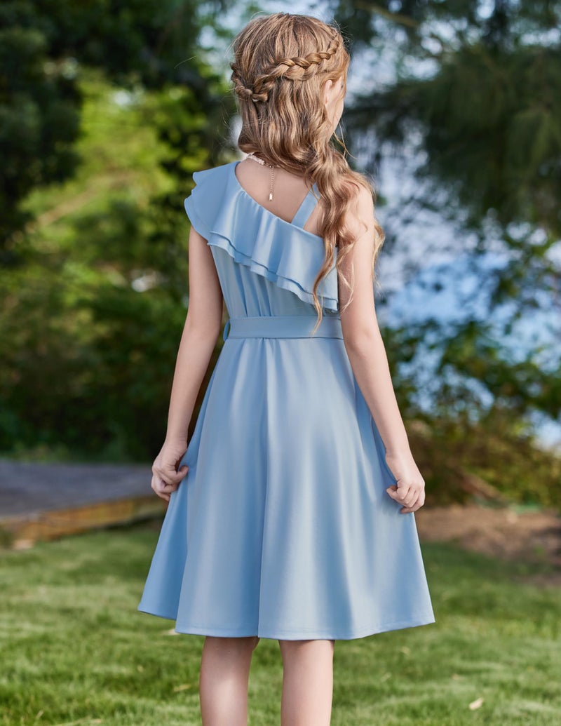 Arshiner Tween Girls Summer Dress Cute One Shoulder A Line Casual Blue Easter Pageant Dresses 10-11 Years - Image 3