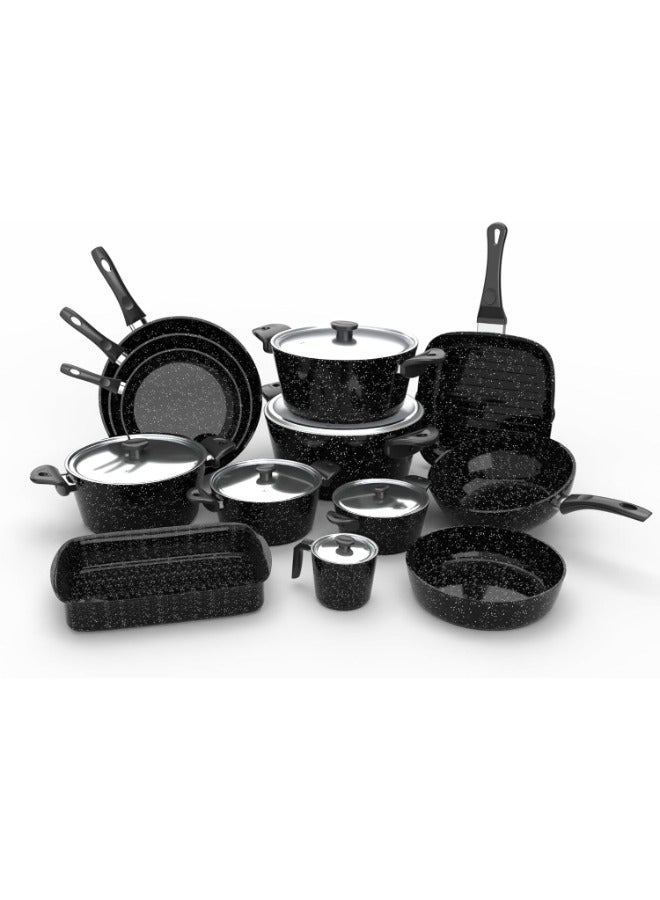 Top Chef 19 Piece Cookware Set (Pot 18-20-24-28-30 - Frying Pan 20-24-30 - Oblong Tray 30 - Oven Tray 26 - Grill 28 - Milkpot 16 - Wook 28) -Black  - Image 1