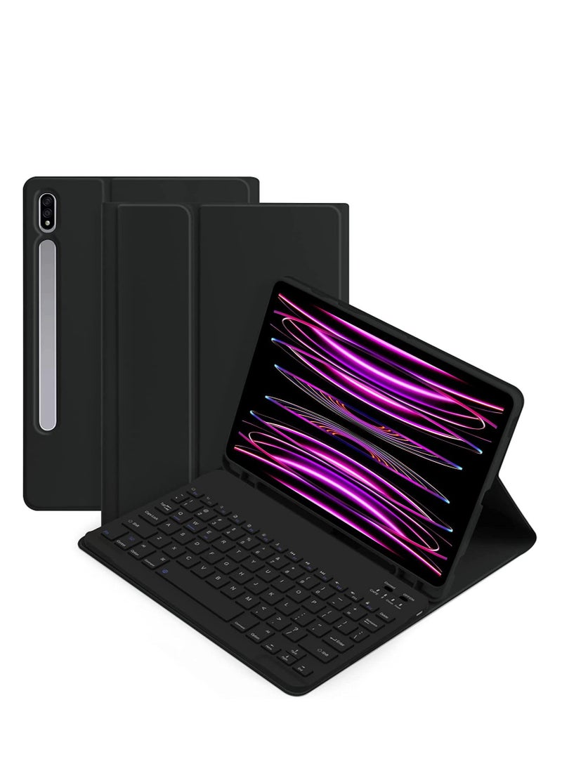 الحافظة التي تحتوي على لوحة المفاتيح باللغتين العربية والإنجليزية متوافقة مع جهاز Samsung Galaxy Tab S9 Plus/X810/X816/X818 12.4 2023، وتتميز بفتحة للقلم ولوحة مفاتيح بلوتوث لاسلكية وقابلة للفصل. - Image 1