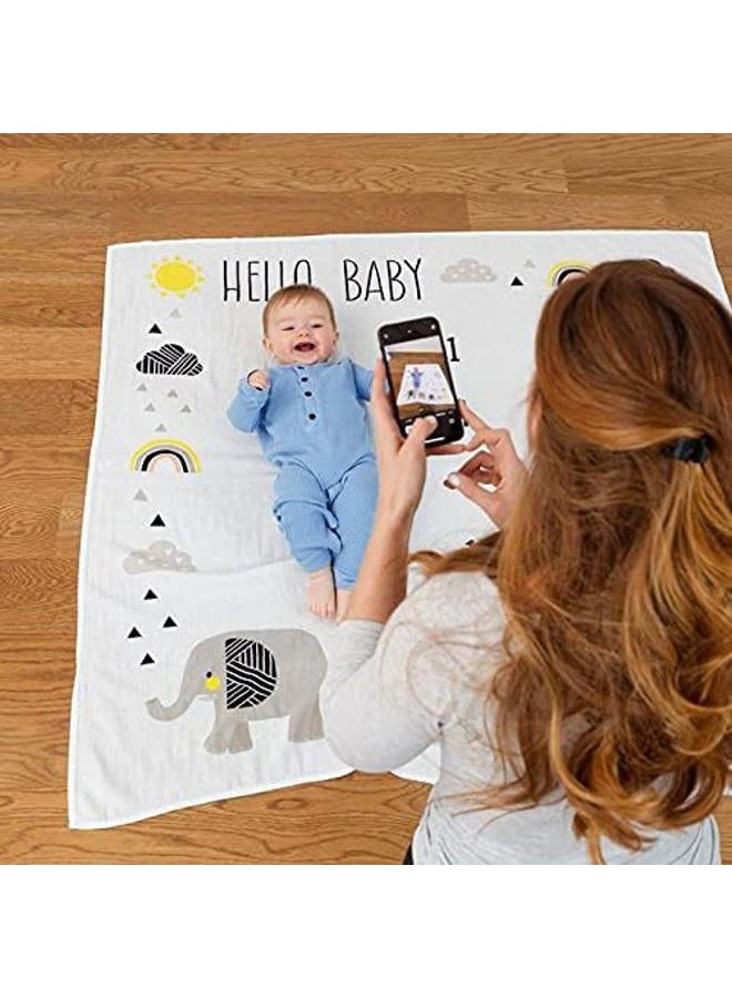 Pondering Pine Organic Baby Monthly Milestone Blanket - Elephant Milestone Blanket Baby Boy or Girl with Month Marker - Elephants Milestones Blanket, 1-12 Months, Hello Baby, 47" X 47" - Image 4