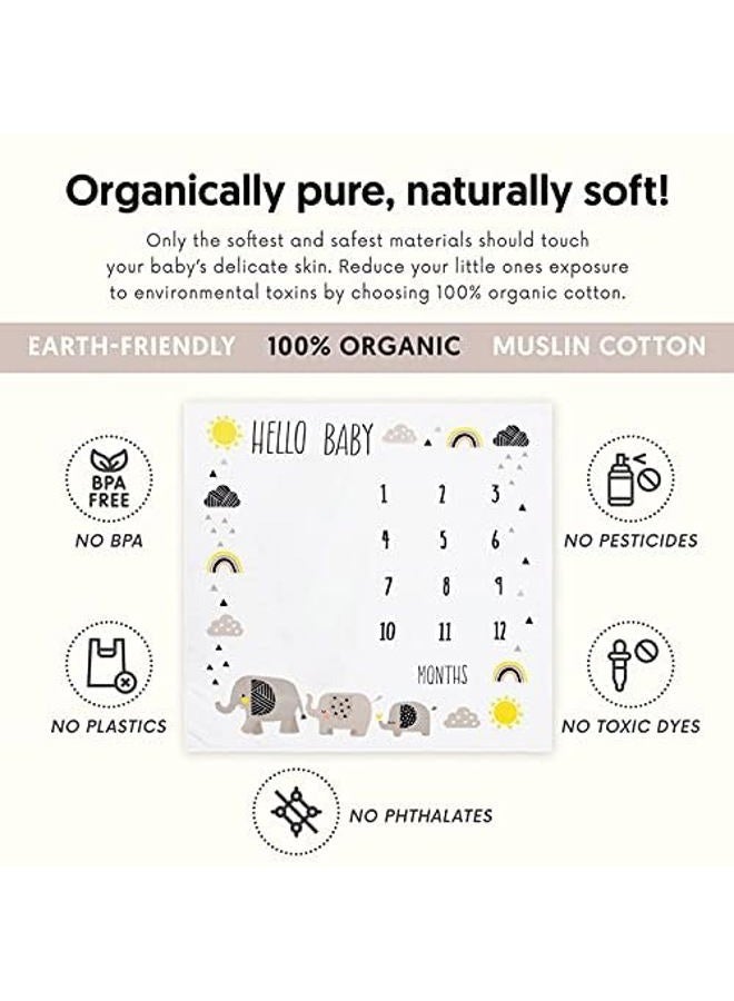 Pondering Pine Organic Baby Monthly Milestone Blanket - Elephant Milestone Blanket Baby Boy or Girl with Month Marker - Elephants Milestones Blanket, 1-12 Months, Hello Baby, 47" X 47" - Image 3