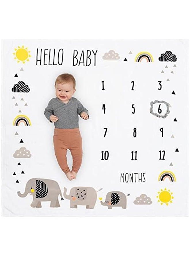 Pondering Pine Organic Baby Monthly Milestone Blanket - Elephant Milestone Blanket Baby Boy or Girl with Month Marker - Elephants Milestones Blanket, 1-12 Months, Hello Baby, 47" X 47" - Image 1