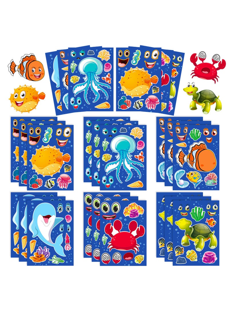 24 Sheets Ocean Stickers for Kids, Make a Face Sea Animal Stickers, Make Your Own Stickers for Kids Under The Sea Animal Summer Beach Stickers - Image 1