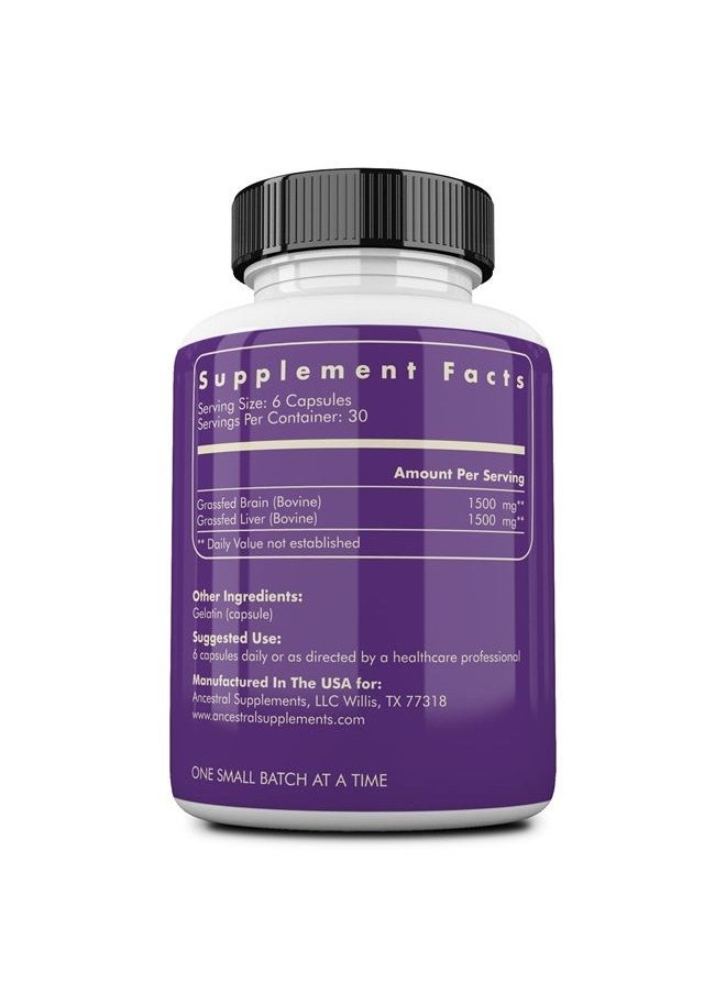 Ancestral Supplements - Grass Fed Beef Brain Supplement with Beef Liver, 3000mg, Whole Food Brain Support for Brain, Mood & Memory Health, Brain & Liver Health Formula Capsules, Non-GMO, 180 Capsules - Image 1
