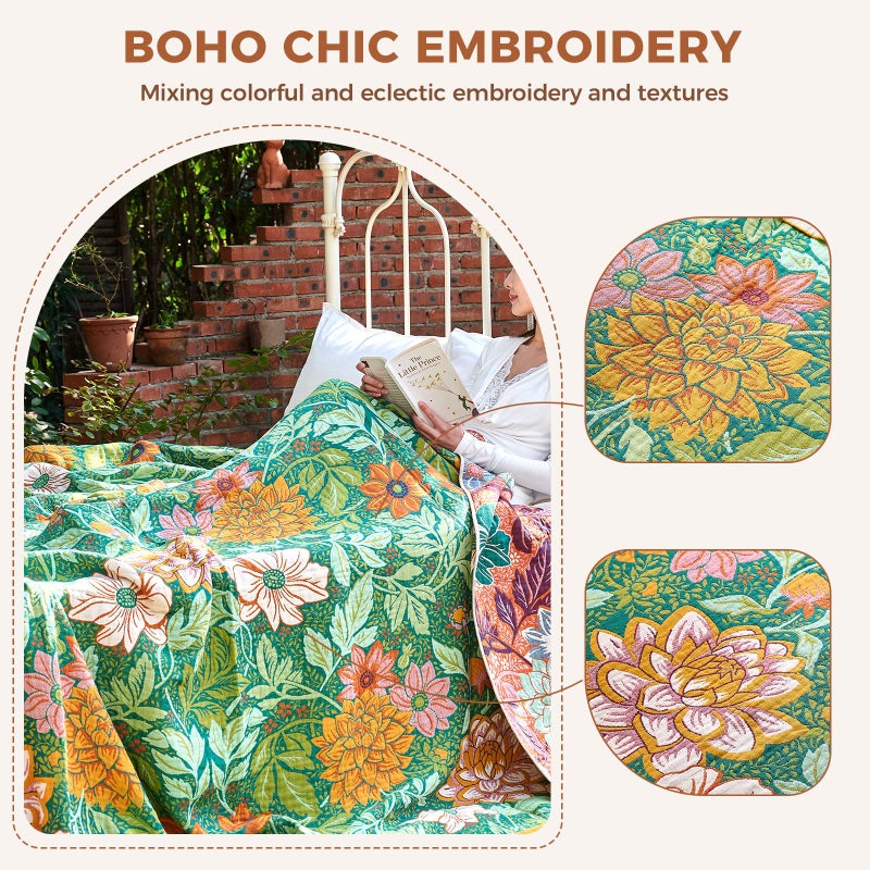 LUTBM Boho Throw Blanket for Bed Cotton Spring Blankets Bedroom Living Room Twin All Season Lightweight Floral Embroidery Quilt for Couch Sofa Chair 60"x80" - Image 3