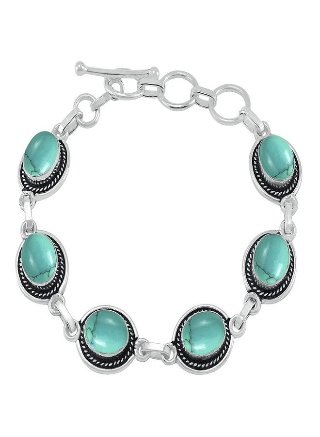 Sterling Silver Jewelry Natural Turquoise 925 Silver Plated Adjustable link Chain Bracelet for Women - December Birthstone Oval Shape Gemstone Handmade Jewelry Bracelet - Mother's Day Gifts for Her - Image 1