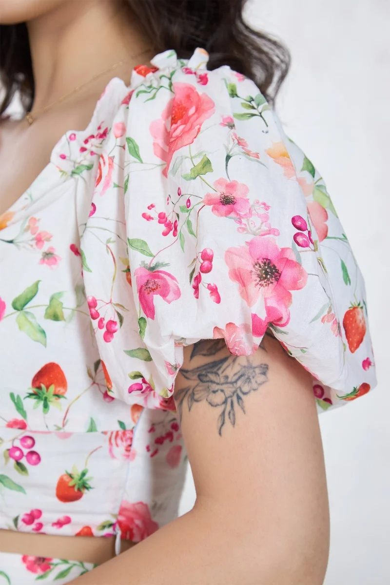 Virgio  VIRGIO 100% Cotton Puff Sleeve Floral Crop Top for Women | Best Price UAE