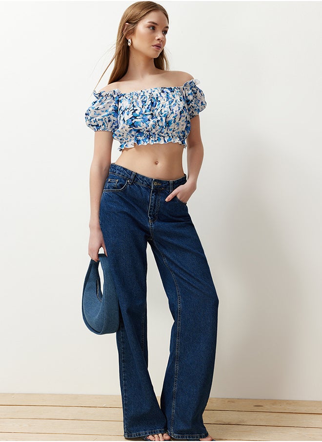 trendyol - Blue Tie-dye Patterned Carmen Collar Crop Woven Blouse TWOSS24BZ00484 - Image 1