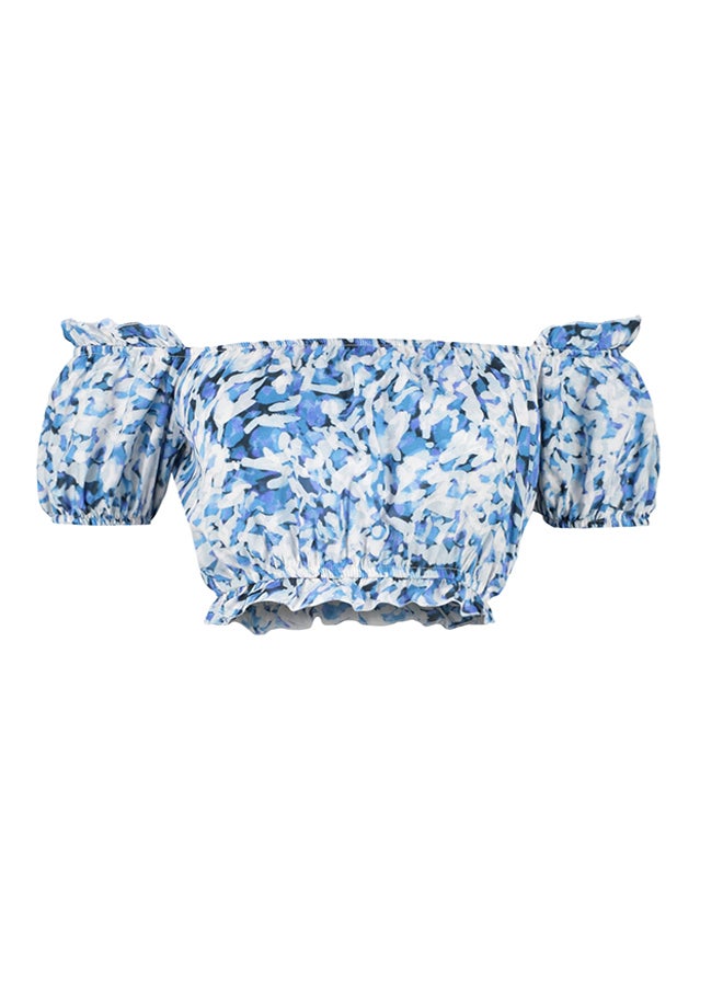 trendyol - Blue Tie-dye Patterned Carmen Collar Crop Woven Blouse TWOSS24BZ00484 - Image 1
