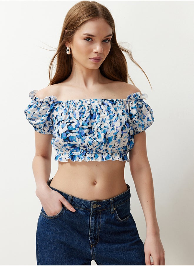 trendyol - Blue Tie-dye Patterned Carmen Collar Crop Woven Blouse TWOSS24BZ00484 - Image 1