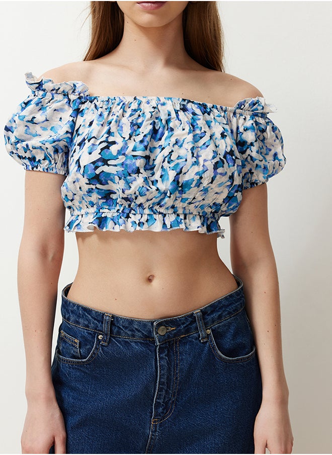 trendyol - Blue Tie-dye Patterned Carmen Collar Crop Woven Blouse TWOSS24BZ00484 - Image 1