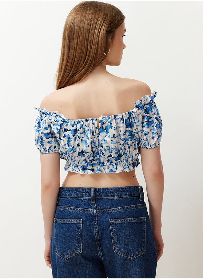trendyol - Blue Tie-dye Patterned Carmen Collar Crop Woven Blouse TWOSS24BZ00484 - Image 1