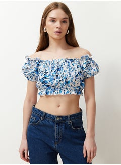 trendyol Blue Tie-dye Patterned Carmen Collar Crop Woven Blouse TWOSS24BZ00484  - Image 2