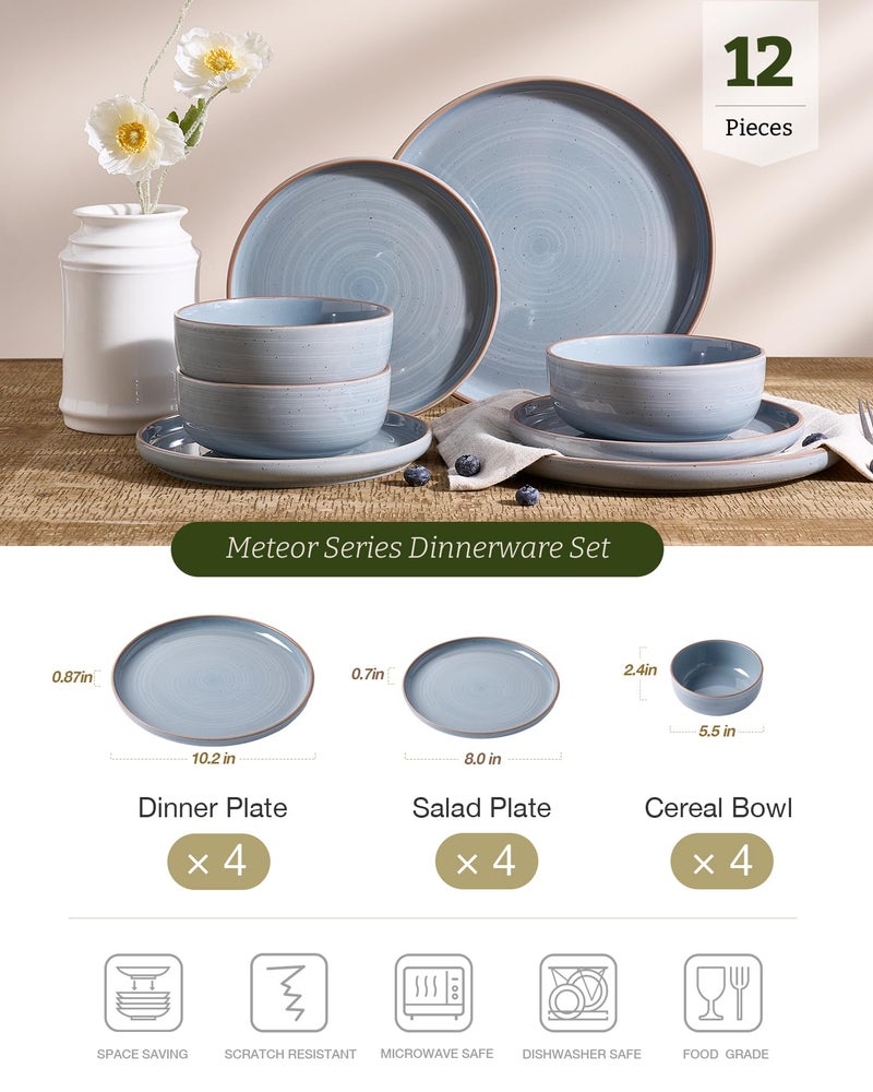 Famiware Meteor Plates and Bowls Sets for 4, 12 Pieces Dinnerware Sets, Microwave and Dishwasher Safe Dishes Set, Blue Gray - Image 2
