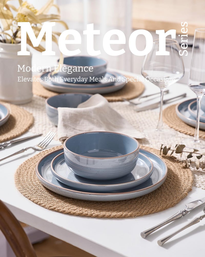 Famiware Meteor Plates and Bowls Sets for 4, 12 Pieces Dinnerware Sets, Microwave and Dishwasher Safe Dishes Set, Blue Gray - Image 3