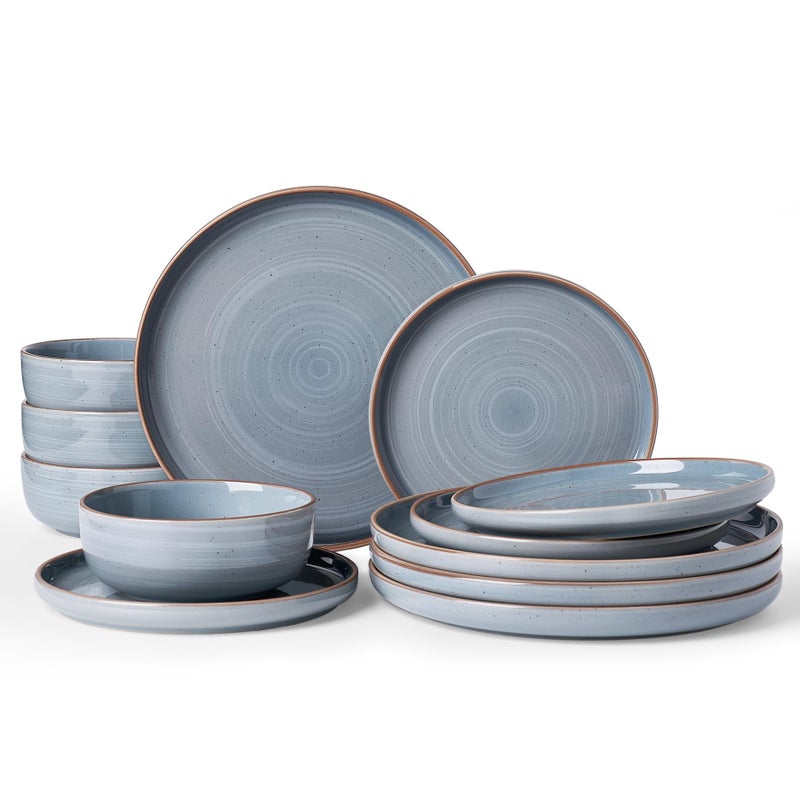 Famiware Meteor Plates and Bowls Sets for 4, 12 Pieces Dinnerware Sets, Microwave and Dishwasher Safe Dishes Set, Blue Gray - Image 1