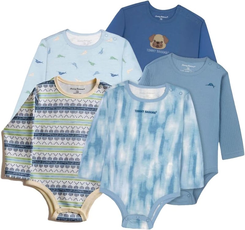 Tommy Bahama Baby 5-Piece Onesie Set - 100% Cotton Long Sleeve Bodysuit 5-Pack for Infant Boys and Girls - Image 1