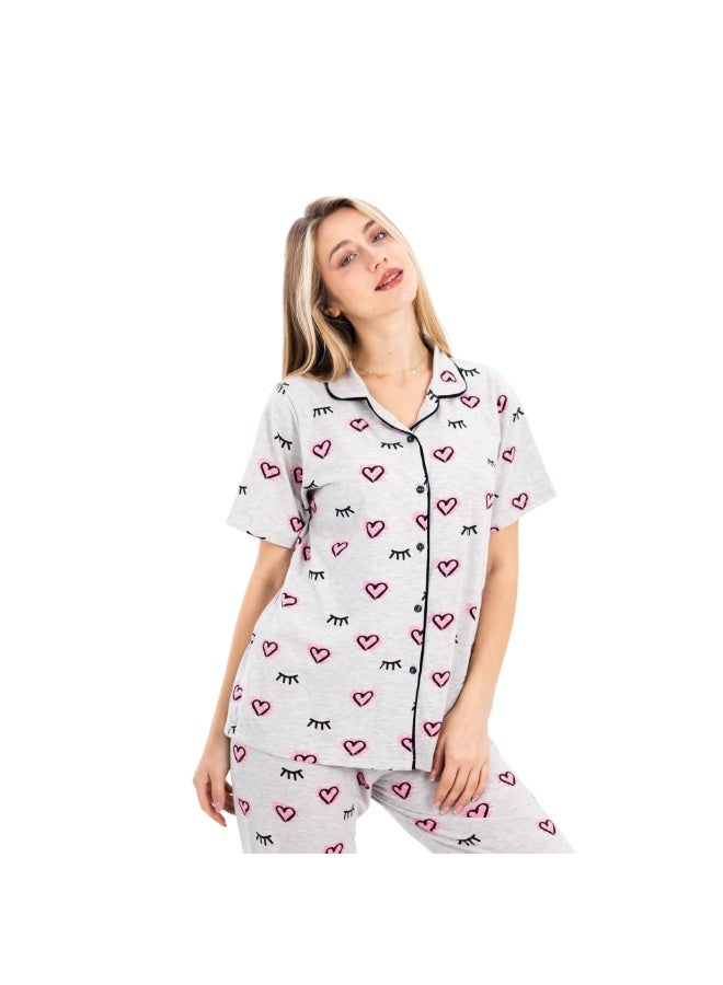 زيكوتكس  طقم بيجامة نسائي قطني قطعتين - تيشيرت بأزرار وبنطلون بنقشة قلوب وردية - رمادي - Image 2