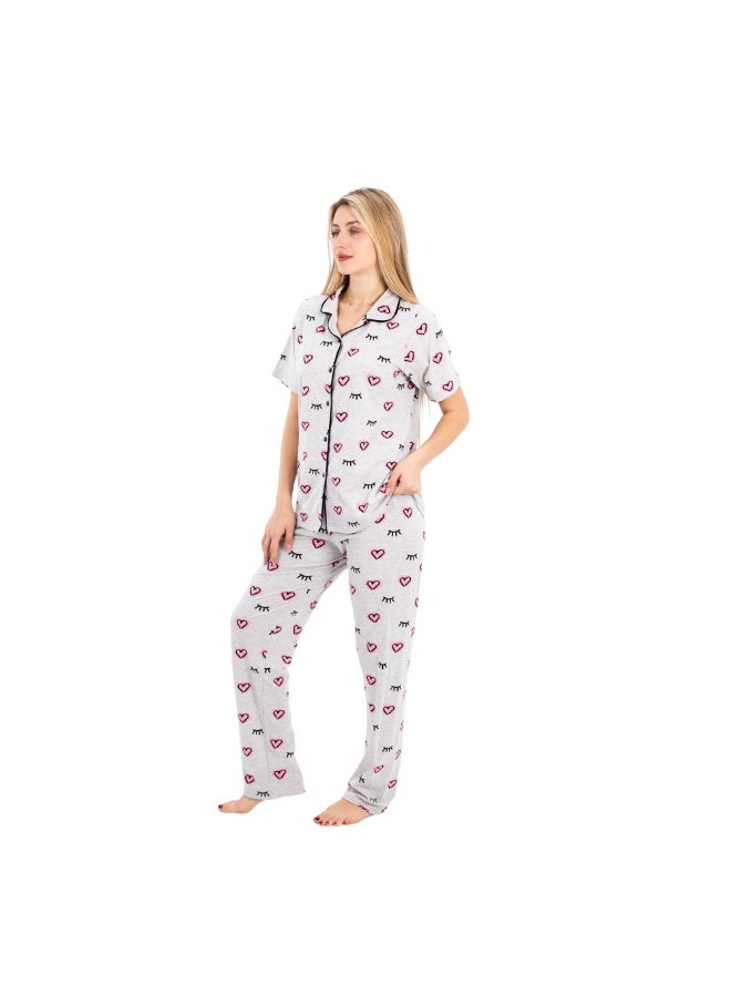 زيكوتكس  طقم بيجامة نسائي قطني قطعتين - تيشيرت بأزرار وبنطلون بنقشة قلوب وردية - رمادي - Image 4