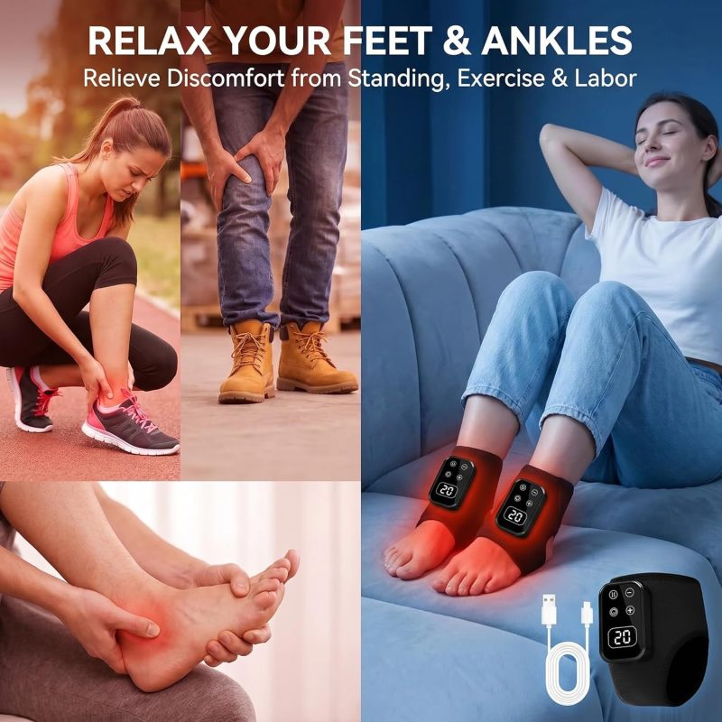 Wireless Heated Foot Wrap 2-Pack Grey Electric Foot Massager - Rechargeable Cord-Free Vibration Heat Massage with 5 Modes 6 Heat Levels for Home Office Foot Pain Relief - Image 4