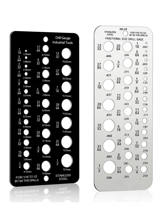 2 Pieces Fractional Drill Bit Size Gauge Drill Bit Gauge Stainless Steel Drill Gauge 29 Holes Metal Drill Size Gauge Tool for 1/16 Inch to 1/2 Inch Size Bits Measurement (Silver+Black) - Image 1