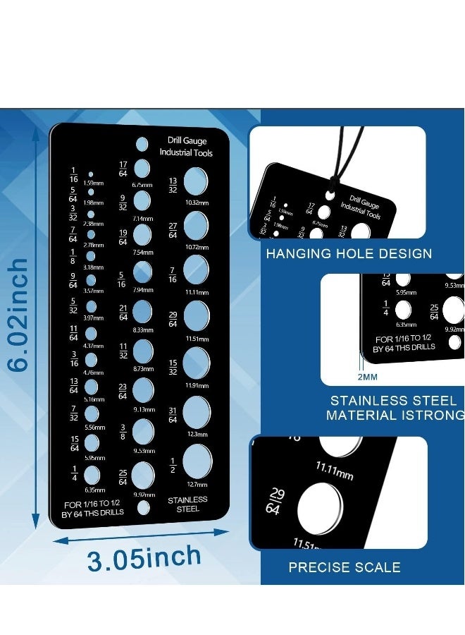 2 Pieces Fractional Drill Bit Size Gauge Drill Bit Gauge Stainless Steel Drill Gauge 29 Holes Metal Drill Size Gauge Tool for 1/16 Inch to 1/2 Inch Size Bits Measurement (Silver+Black) - Image 3