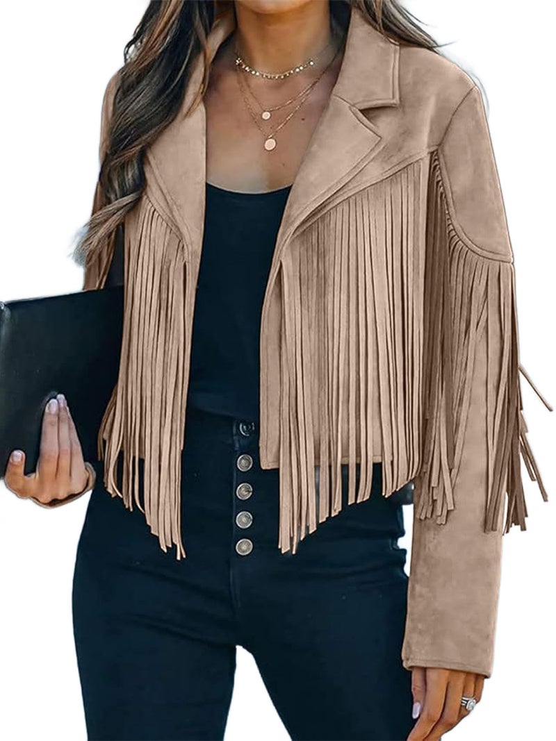 Bibowa Faux Leather Jackets For Women Trendy Cowgirl Outfits Fall Western Fringe Cropped Jacket 2026 Tassel Motorcycle Crop Coats Winter Apricot L - Image 2