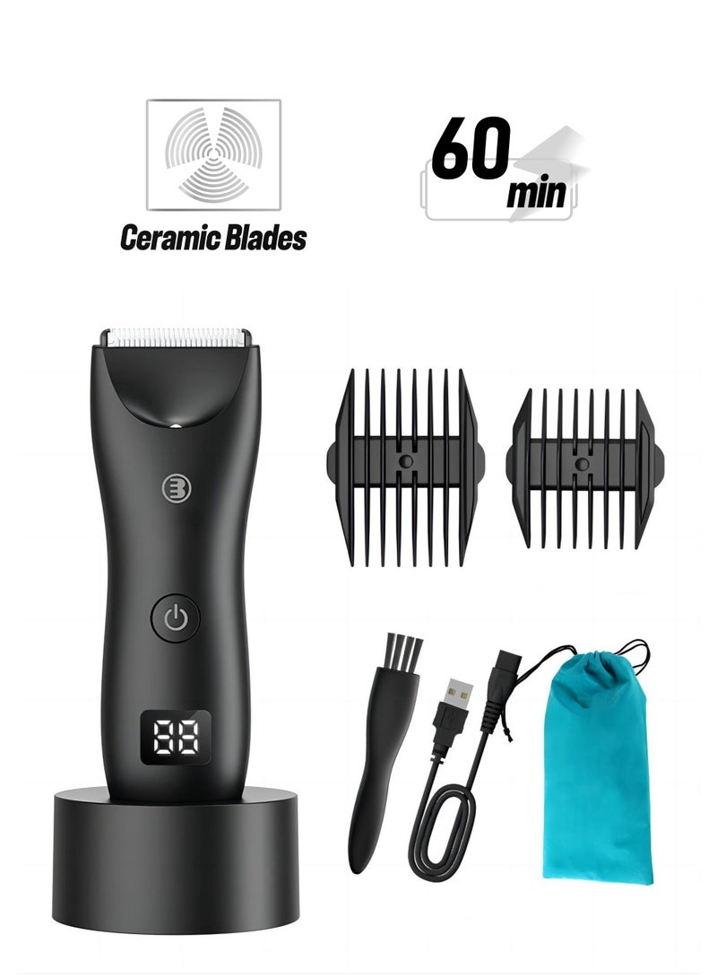 SYOSI Electric Hair Clippers for Men, Waterproof Pubic Hair Trimmer with LED Display, Cordless Groin Body Hair Trimmer Kit, Professional Body Groomer and Beard Shaver with USB Recharge Dock(Black) - Image 1