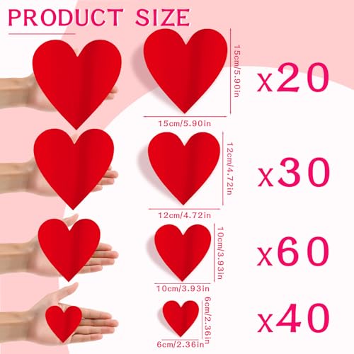 JMUQ 150 Pieces 3D Heart Wall Stickers for Valentine’s Day, Romantic Red Heart Decals in 4 Sizes with Foam Adhesive Strips Perfect for Weddings Anniversaries Parties Bedroom Home School Office Decor - Image 2