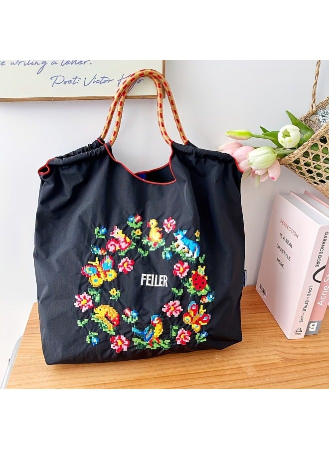 Trendy Japanese Nylon Embroidered Shopping Bag Women's Travel Bag Large Capacity Shoulder Bag Handbag Tote Bag-Color:Grass Skirt Dance Girl White (excluding Shoulder Straps)-Size:Large  - Image 2
