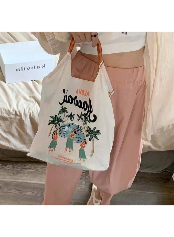 Trendy Japanese Nylon Embroidered Shopping Bag Women's Travel Bag Large Capacity Shoulder Bag Handbag Tote Bag-Color:Grass Skirt Dance Girl White (excluding Shoulder Straps)-Size:Large  - Image 1