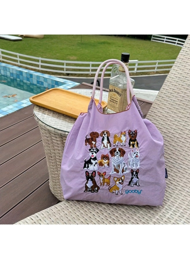 Trendy Japanese Nylon Embroidered Shopping Bag Women's Travel Bag Large Capacity Shoulder Bag Handbag Tote Bag-Color:Grass Skirt Dance Girl White (excluding Shoulder Straps)-Size:Large  - Image 3