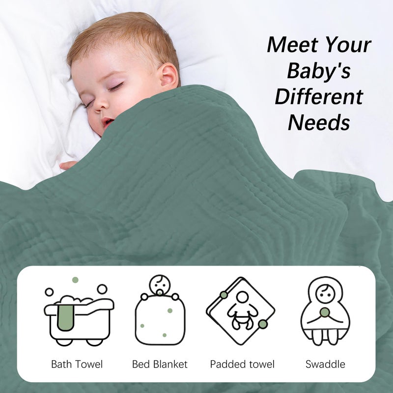 SWEET DOLPHIN Muslin Baby Bath Towels Blanket - 2 Pack 100% Cotton Towel for Babies, Infants, Toddlers - 40x40Inch - Highly Absorbent, Deep Emerald - Image 5