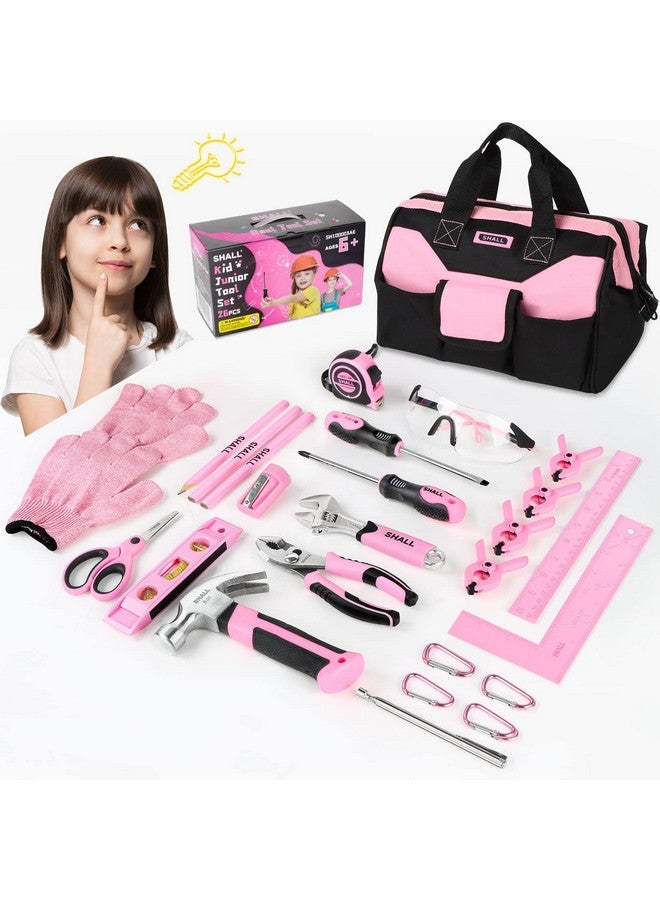 SHALL 26-Piece Kids Size Tool Set, Pink Real Tools for Kids with 12" Tool Bag, Safety Certified Children Learning Tool Kit with Hand Tools for Boys & Girls Age 6+, DIY Building, Woodwork, Construction - Image 1