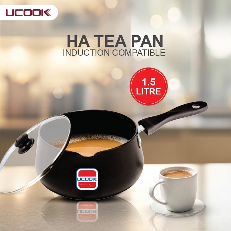 UCook by United Ekta Group 1.5 Litre Hard Anodised Multipurpose Pan | Ideal for Tea, Chai, Coffee, Milk Boiling, Sauces | Induction Base with Glass Lid | Black - Image 2
