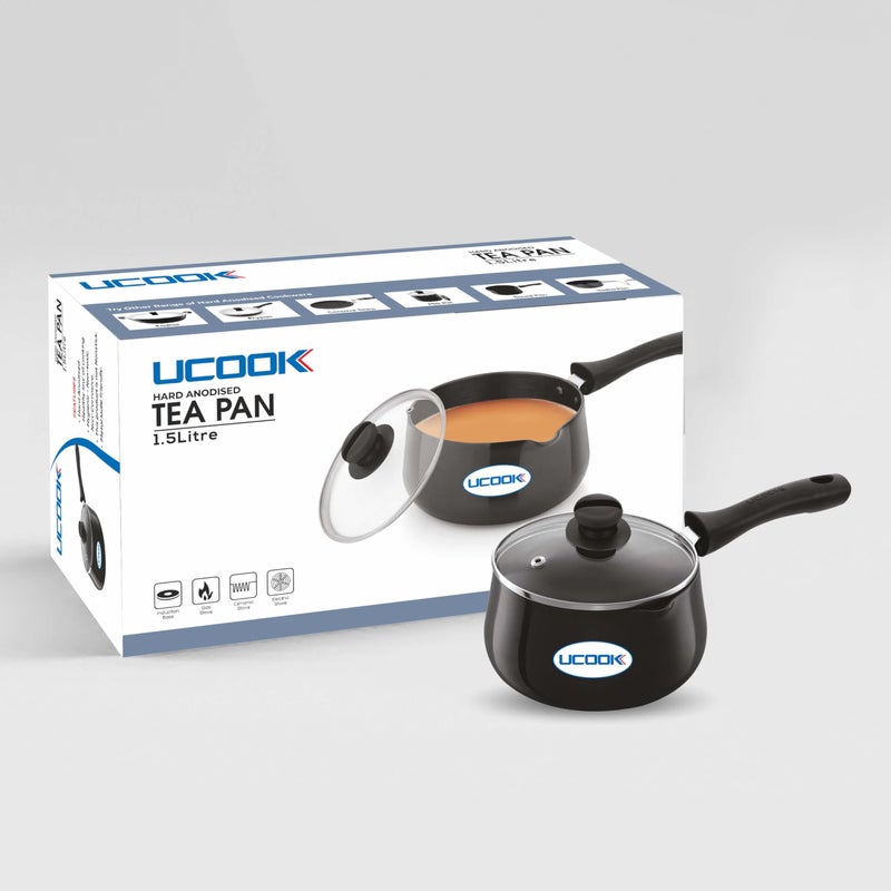 UCook by United Ekta Group 1.5 Litre Hard Anodised Multipurpose Pan | Ideal for Tea, Chai, Coffee, Milk Boiling, Sauces | Induction Base with Glass Lid | Black - Image 1