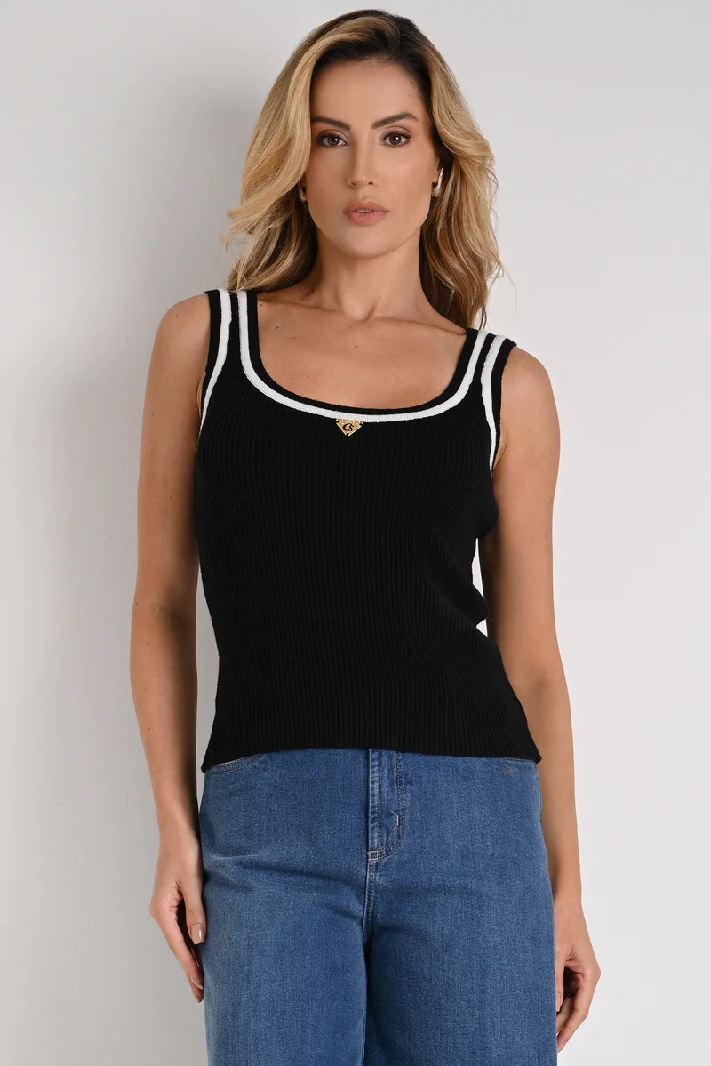 Carmen Steffens Black Metal Ribbed Tank Top