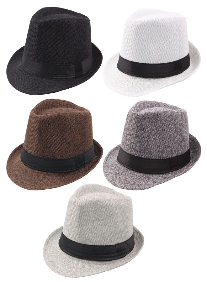 Ultrafun 5 Pack Short Brim Fedora Classic Summer Beach Sun Hat Panama Straw Cap for Men Women (Medium, 5Pack-Black+White+Coffee+Dark Grey+ Light Grey) - Image 1