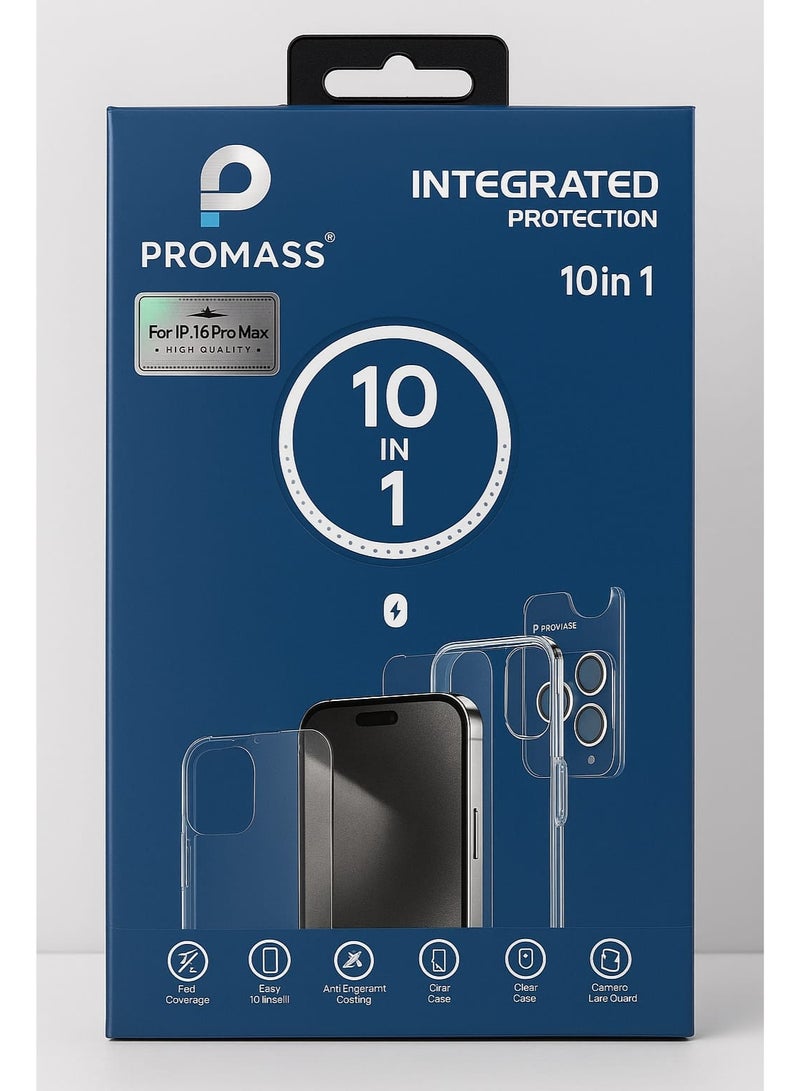 PROMASS 10 in 1 Integrated Protection Kit for iPhone 16 Pro Max – Clear Case + Screen Protector + Camera Lens Guard – Full Coverage High Quality - Image 1