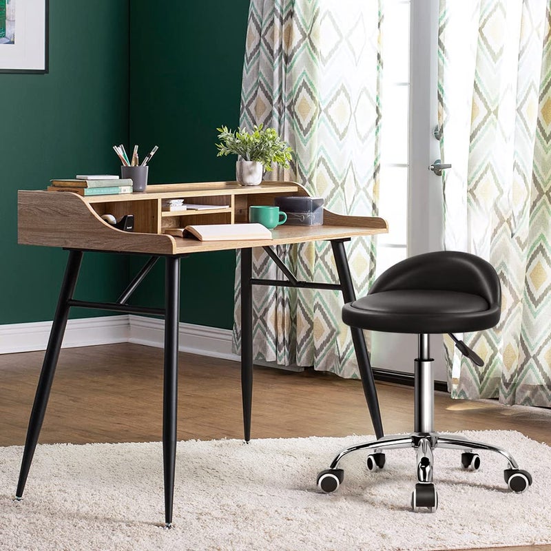 KKTONER PU Leather Round Rolling Stool with Back Rest Height Adjustable Swivel Drafting Work SPA Task Chair with Wheels Black - Image 2