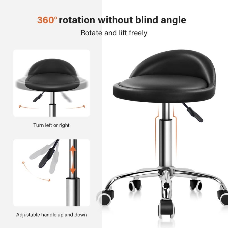 KKTONER PU Leather Round Rolling Stool with Back Rest Height Adjustable Swivel Drafting Work SPA Task Chair with Wheels Black - Image 4