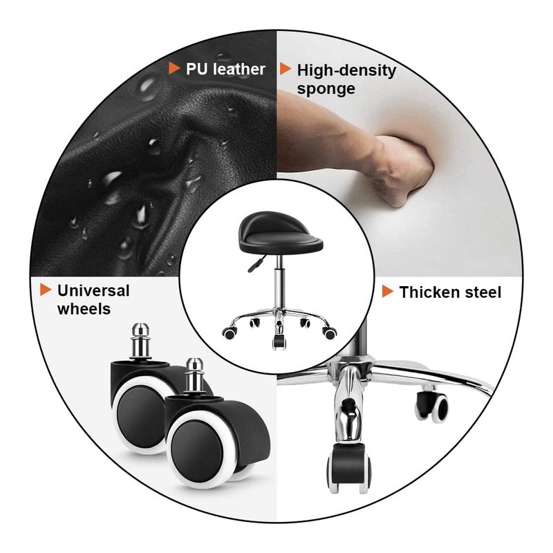KKTONER PU Leather Round Rolling Stool with Back Rest Height Adjustable Swivel Drafting Work SPA Task Chair with Wheels Black - Image 5