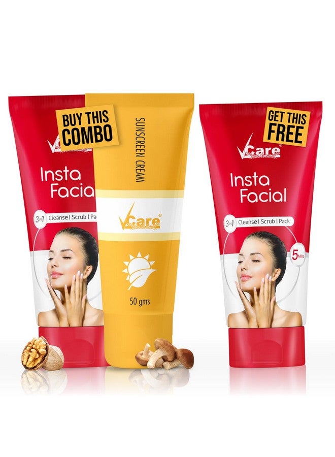 في كير عامل حماية من الشمس 30 وغسول الوجه الصيفي للوجه للنساء والرجال، البشرة الدهنية والجافة، مقشر الوجه بالجوز، كريم الحماية من الشمس، مجموعة كومبو للعناية بالبشرة الصيفية (50 جم + 50 جم + 50 جم) - Image 1