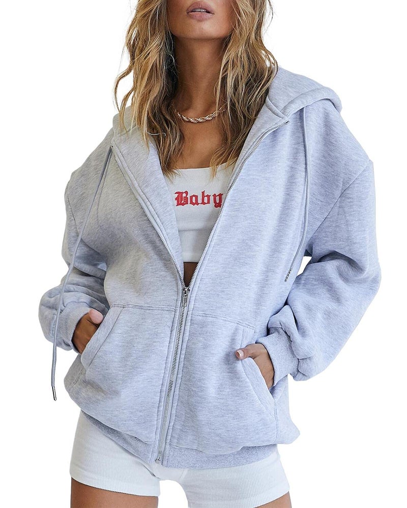 EFAN Women Zip Up Hoodies Oversized Sweatshirt Jacket 2025 Fall Fleece Cute Pullover Hooded Tops Teen Girls Casual Loose Fit Y2k Trendy Fashion Gym Clothes Outfits Grey S - Image 1